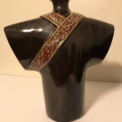 Vintage Rare Japanese Oriental Brown Glittery Ceramic Large Kimono Shaped Vase