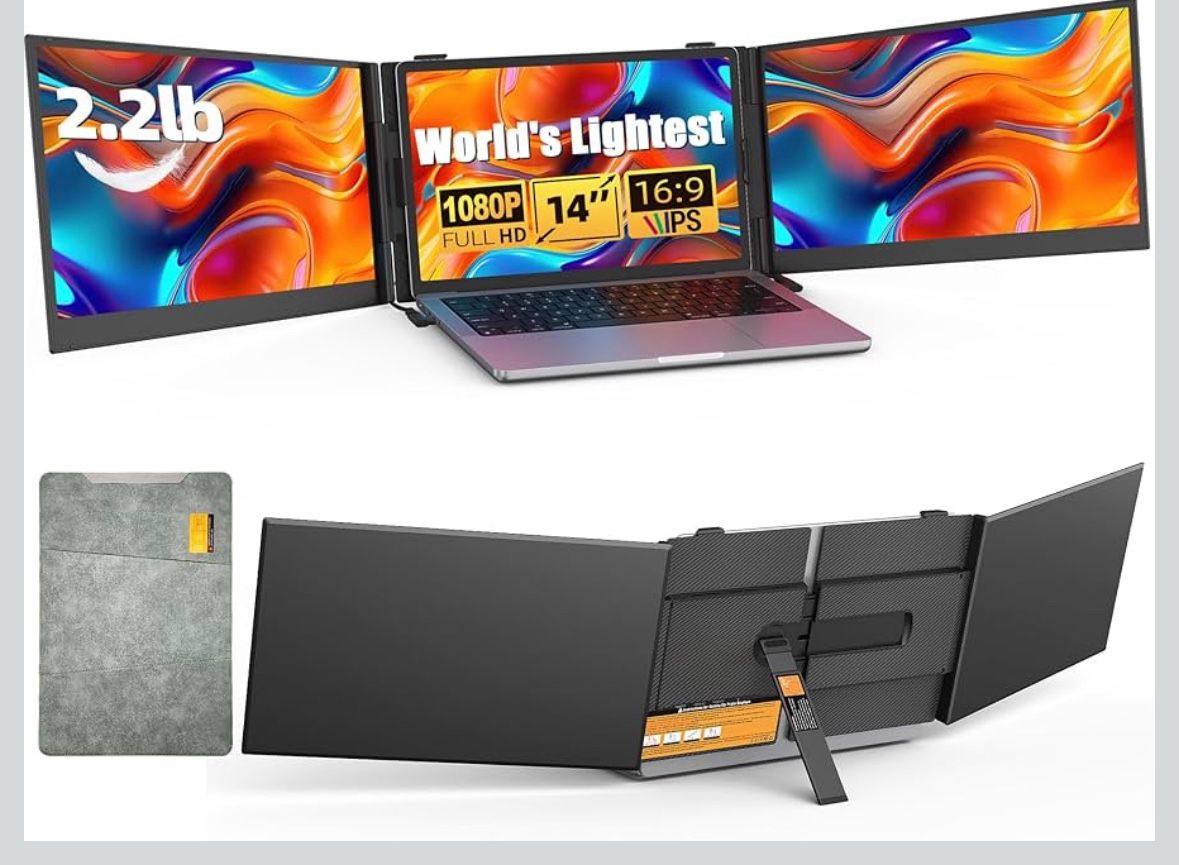 14" Triple Laptop Screen Extender - Ultra Thin & Lightweight (2.2lb) Portable Monitor For Laptop, FHD 1080P Travel Display 13-17" Laptops, Plug & Play