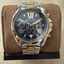 Michael Kors Bradshaw Silver Gold Two Tone Navy Blue Chrono Watch MK5976 Box