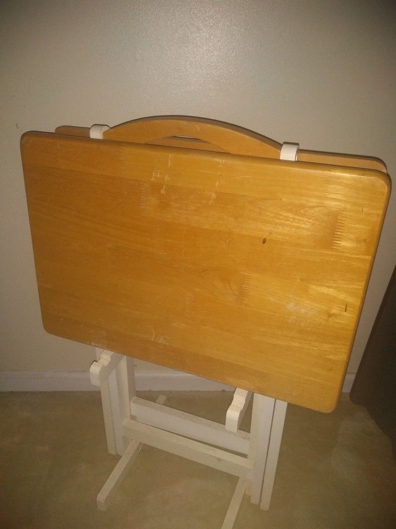 2 White Solid Oak Tray Tables With Stand
