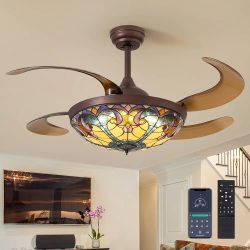 CROSSIO 48 Inch Tiffany Ceiling Fan with Light Tiffany Vintage Fandelier Vintage Chandelier Fan 48 Inch Stained Glass Ceiling Fan Retractable Blades R