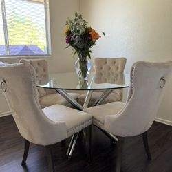 Modern Glass Round Dining Table Set with 4 Upholstered Tufted Chairs