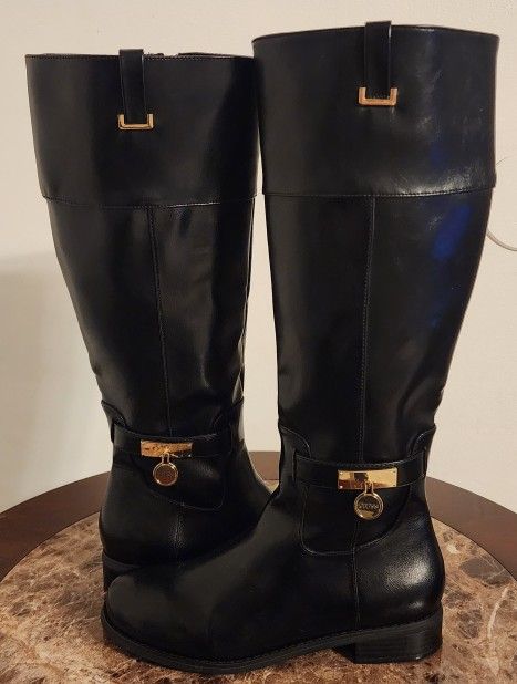 GUESS Black And Gold Over The Knee Boots With Gold Hardware