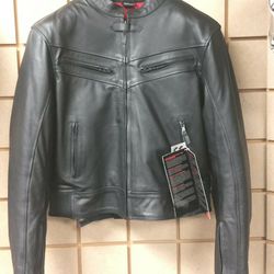 Leather Motorcycle Jacket Olympia NEW Large  padded black removable liner vented pockets 