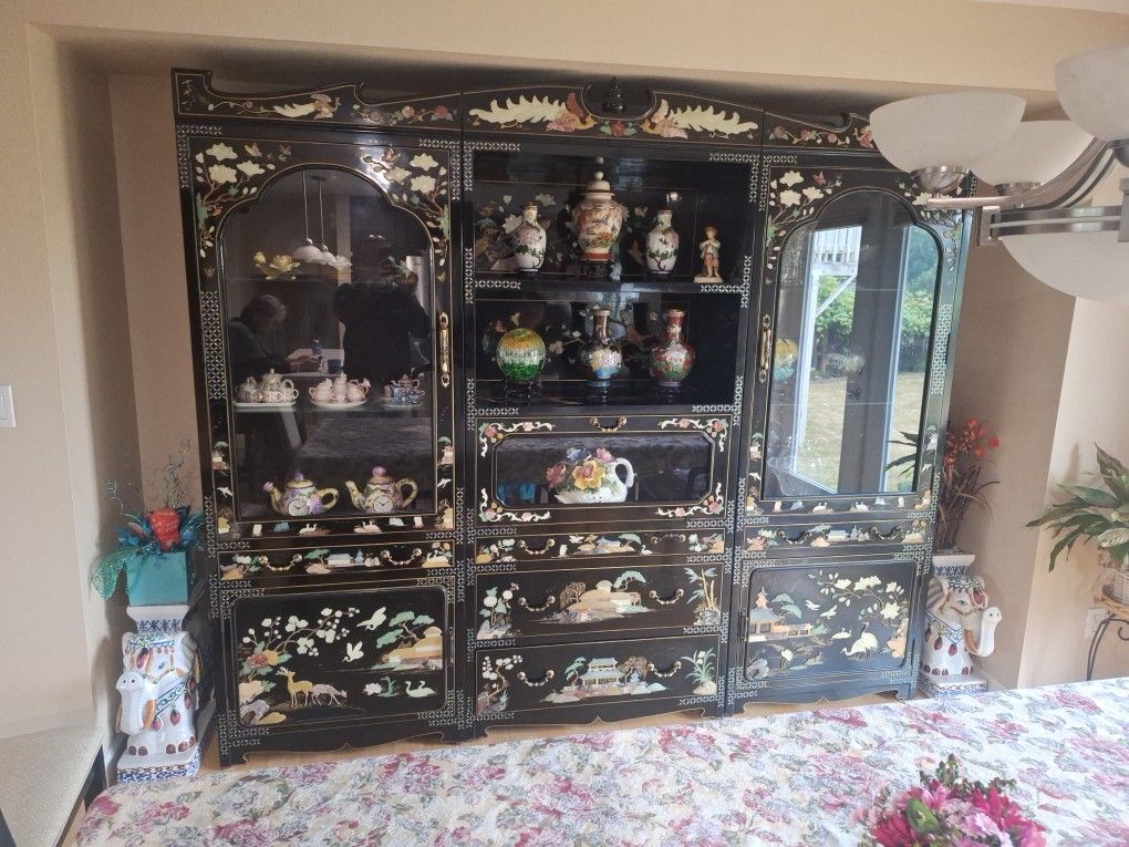 Oriental Black Lacquer Jade Stone 3-piece China Cabinet