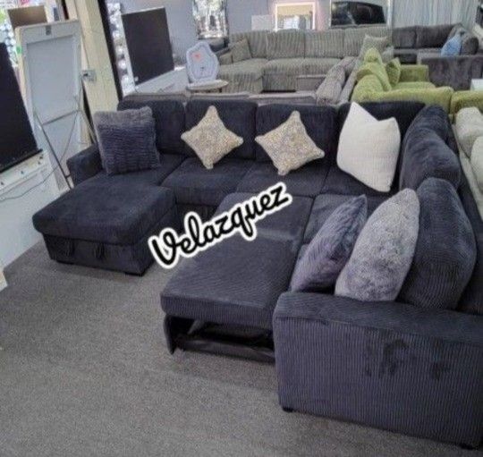 ✅️✅️4 pc Black corduroy fabric sectional sofa with storage chaise and love seat and pop up sleep area in center USB charging✅️✅️