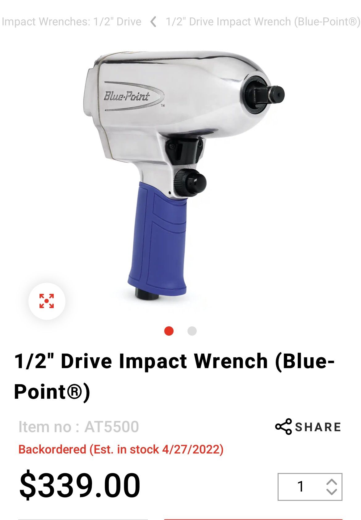 (Never Been Used) 1/2” Drive Impact Wrench Blue-Point AT5500