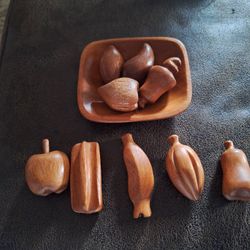 Hand Carved Wood Fruits And Bowl
