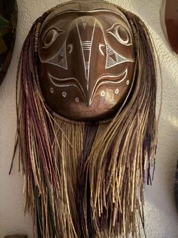 Carved Wooden Tribal Mask with Fringe