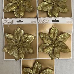 Gold Glitter Poinsettias Christmas Ornaments Lot Of (5) Plastic New 6” Packaged