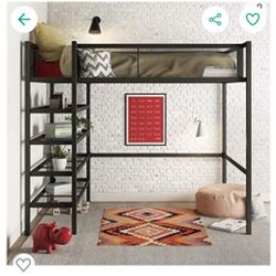 DHP Tiffany Storage Loft Bed w/ Bookcase Shelves, Metal, Black