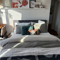 Mid-Century Modern Queen Bed Frame – Walnut, Upholstered (Great Condition)