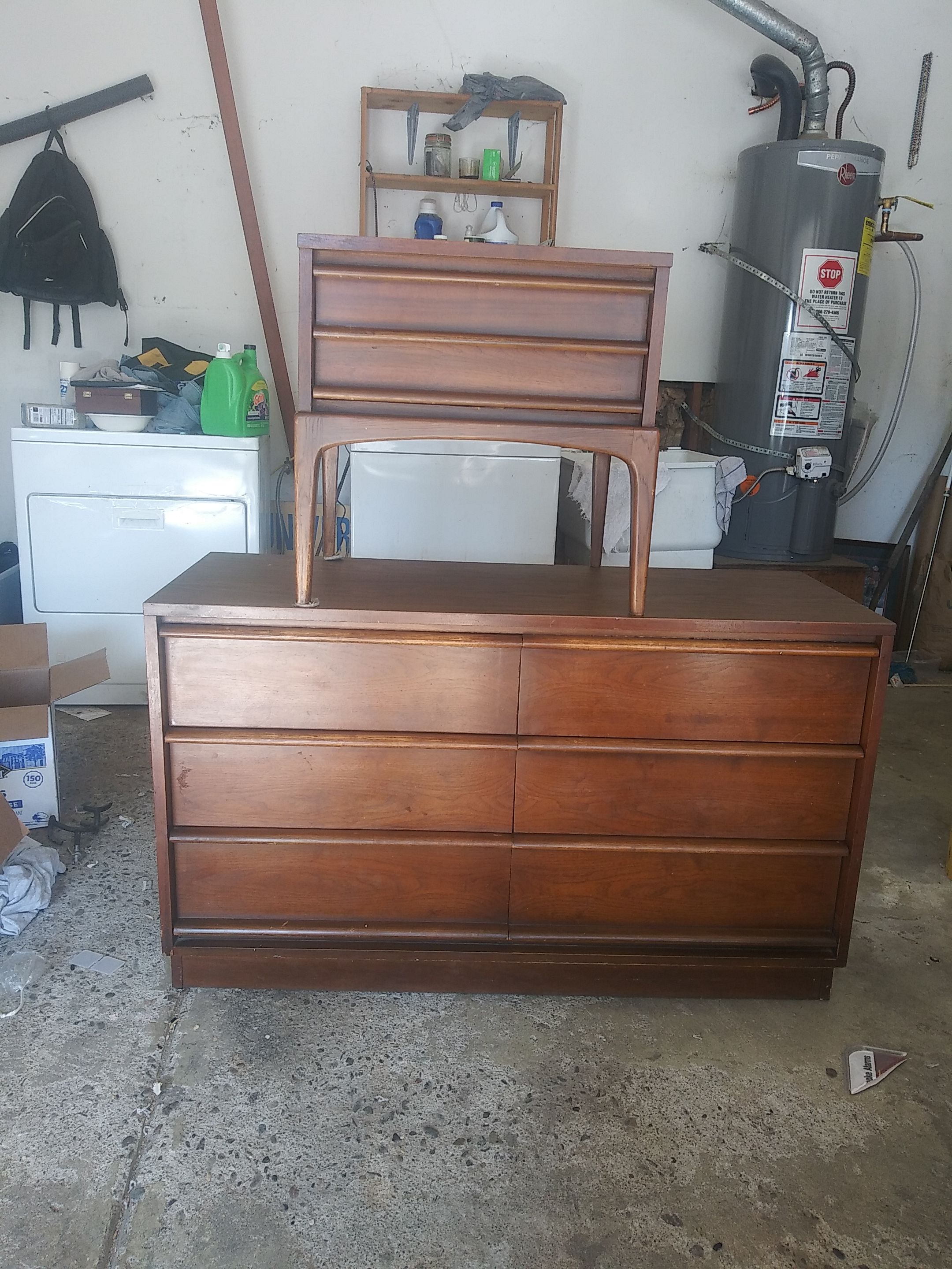 Mid Century Modern 6 drawer dresser and nightstand with full size bed headboard and frame