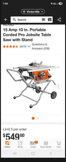 RIDGID
15 Amp 10 in. Portable Corded Pro Jobsite Table Saw with Stand