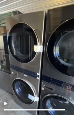 New LG WashTower™ 4.5 cu. ft. Washer and 7.4 cu. ft. Electric Dryer - Black Steel stackable brand LG