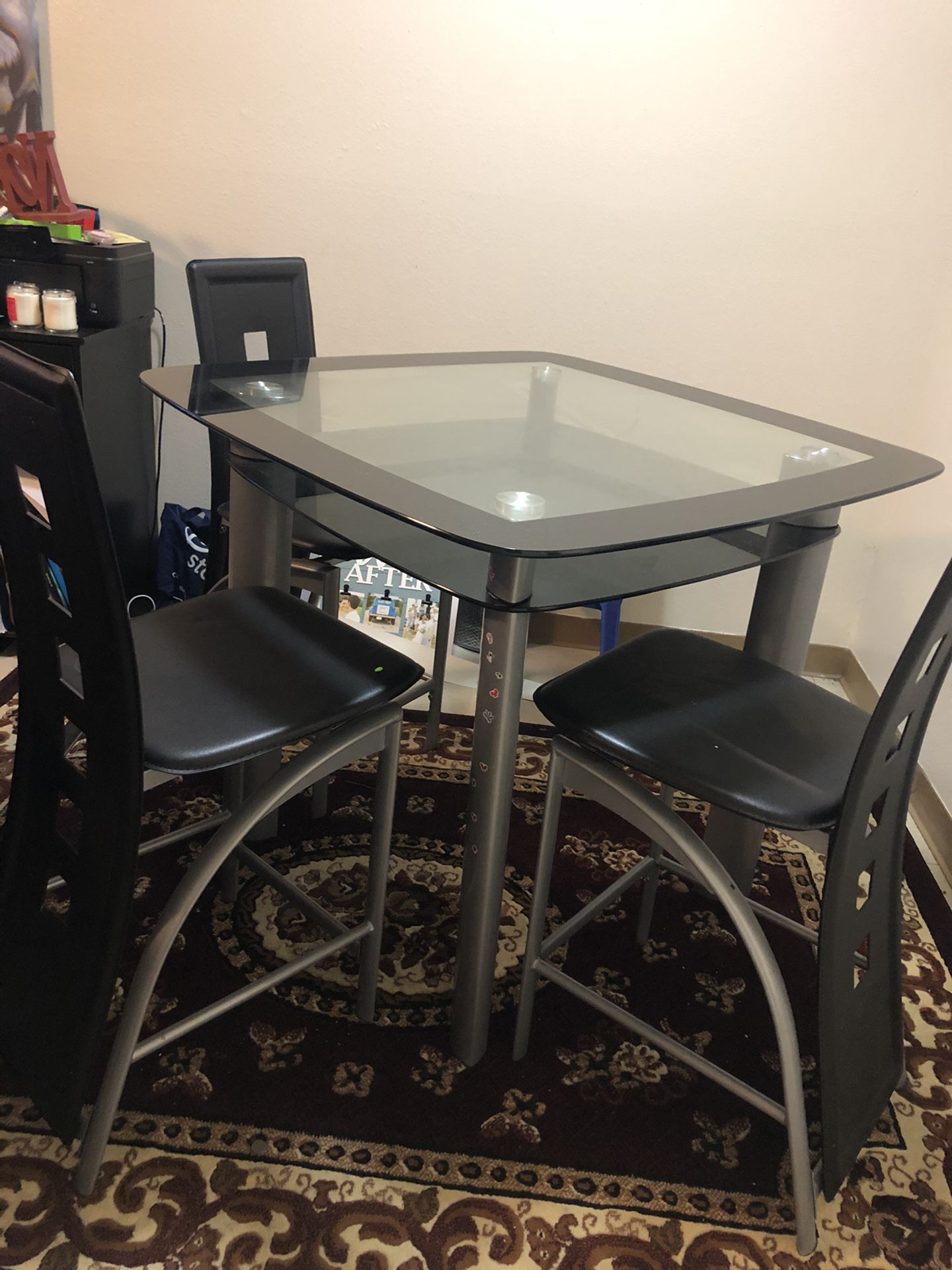 Glass dining table, 3 chairs