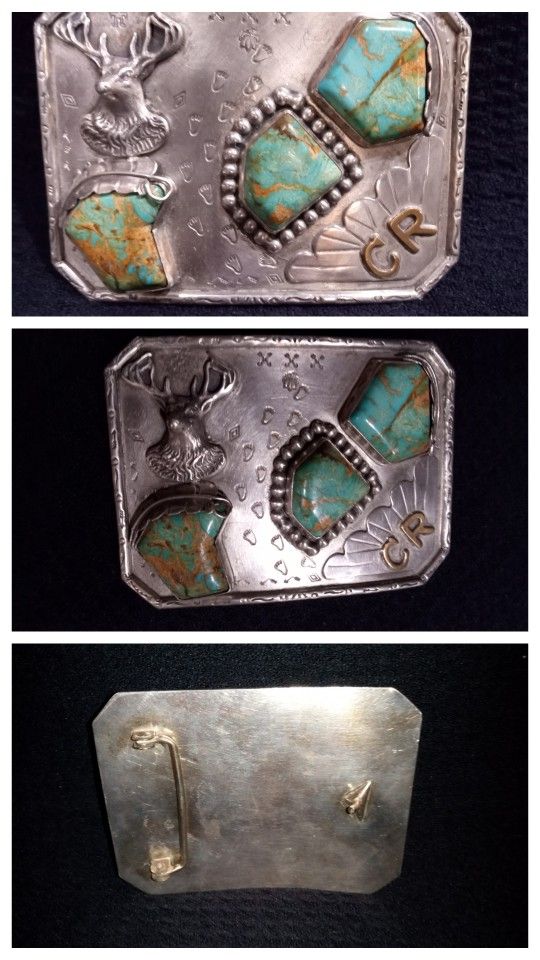 VINTAGE 1970'S SOLID STERLING SILVER BELT BUCKLE WITH TURQUOISE STONES