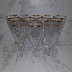 Rare Vintage Fostoria Gold Rimmed Ribbed Crystal Champagne Glass Set