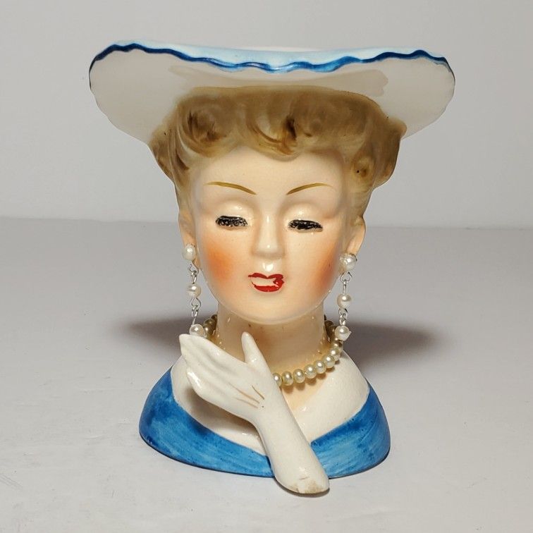 Lady Head Vase Blue Hat Pearls 4.25"