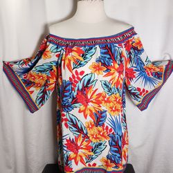 Small Colleen Lopez Rayon Multicolor Tropical Print Off Shoulder Blouse Tunic