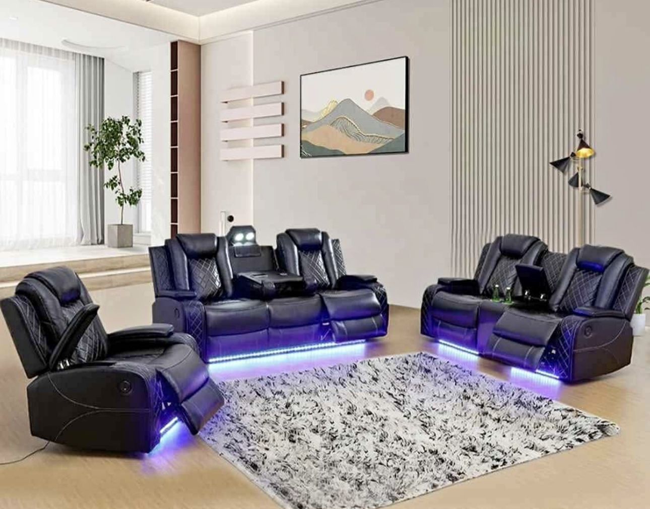 Power Electric Black Leather Fully Reclining Couch Set