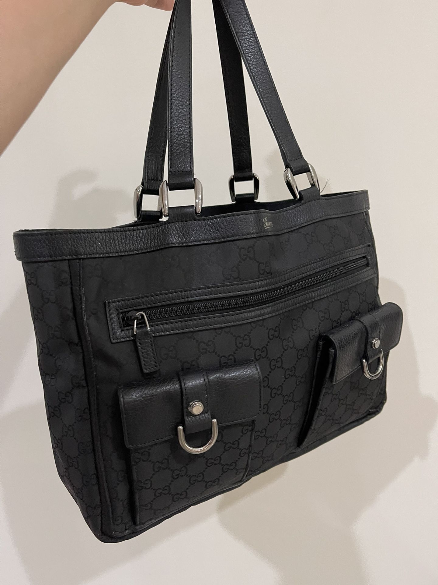 Gucci Black GG Canvas and Leather Abbey Pocket Tote (Authentic)