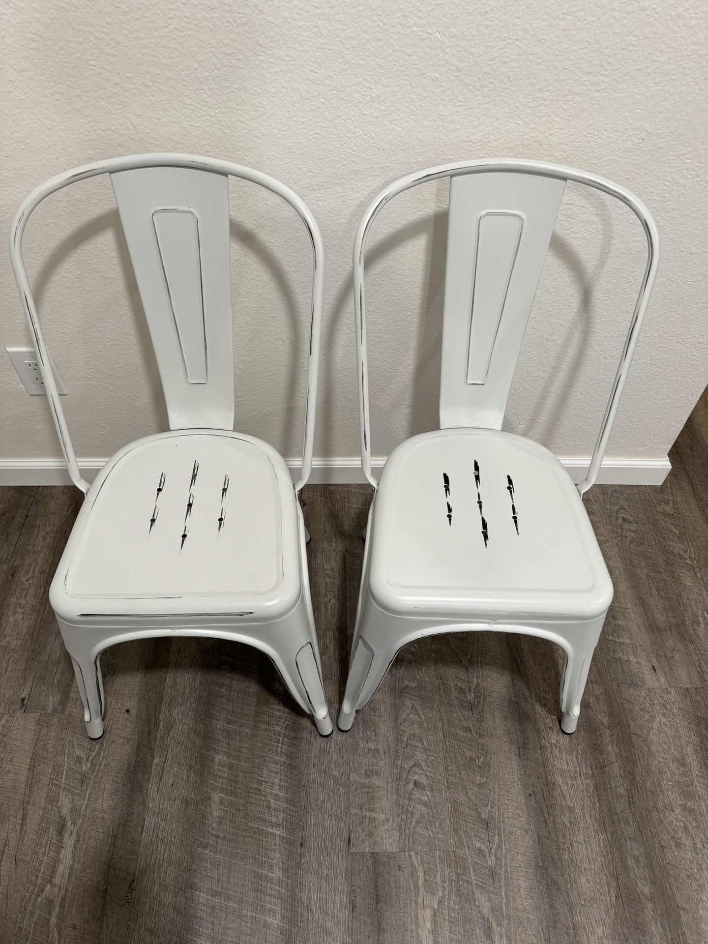 (2) Vintage White Metal Barn Chairs