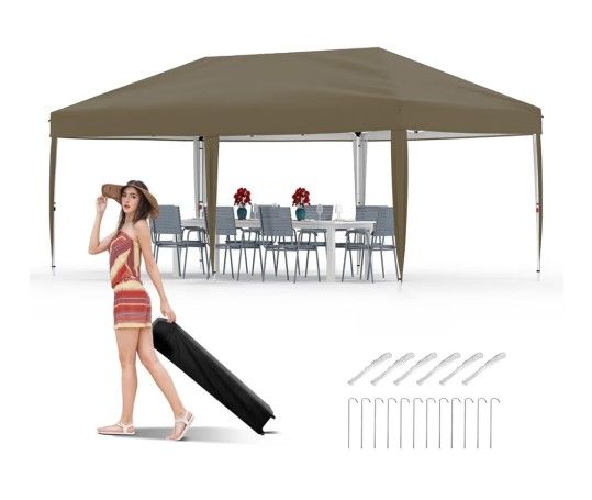 10x20 Pop Up Canopy Tent Outdoor Canopy With No Removable Sidewall One-Person Set Up Heavy Duty Commercial Instant Tent Shelter-Brown