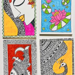 Handmade drawn blank Greeting Card-Set Of 4-peacock lady Madhubani India Art