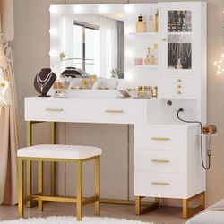   Vanity Desk with Mirror and Lights, Makeup Vanity Table with 5 Drawers & Shelves, Power Outlet, Vanity Stool, Dressing Table with Jewelry S