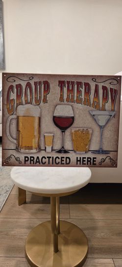 Vintage Metal Tin Bar Sign - "Group Therapy Practiced Here" Wall Decor