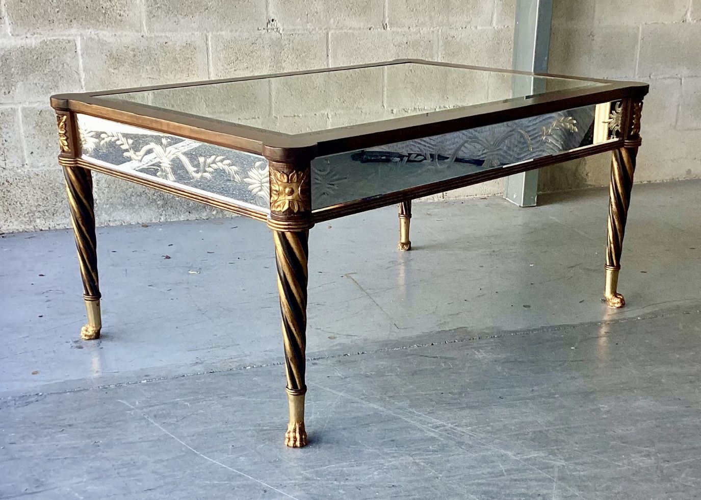 E.J Victor Etched mirrored Glass & Gilt Metal coffee table