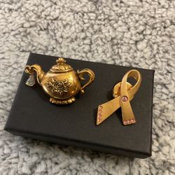 Vintage Goldtone Brooch/pins.Tea Kettle And Cancer Association With Crystal And Pink Rhinestones,(Avon )