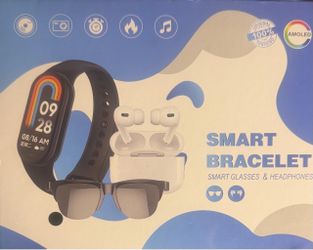 Fitness tracker paired with wireless earbuds and sunglasses.