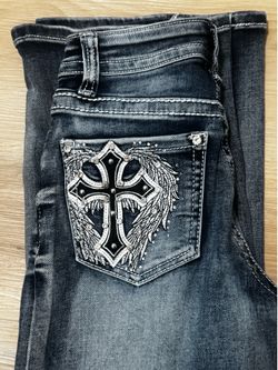 Embroidery and Bedazzled Cross Straight Leg Jeans