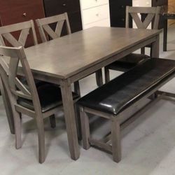 ✅️✅️6 pc laurel  gray finish wood dining table set padded seat chairs and bench✅️✅️✅️