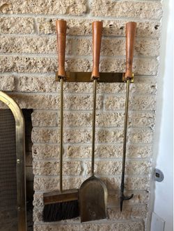 Brass Wood Mid Century Fireplace Tool Set Screen Wall Fastened Retro