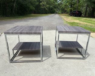 Matching Stevie Silver Lucia End Tables with Driftwood Color Top and Sleek Chrome Frame - 2/$90