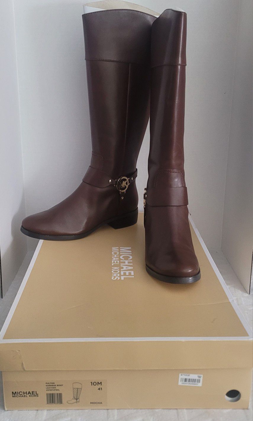 Michael Kors Fulton Harness Leather Ladies Boots Size 10M Mocha With Box