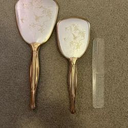 Vintage Victorian Pro-phy-lac-tic Jewelite Gold-Tone Mirror, Brush & Comb Vanity Set