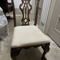 Carved Brown Wood and White Cushion Classic Chair 