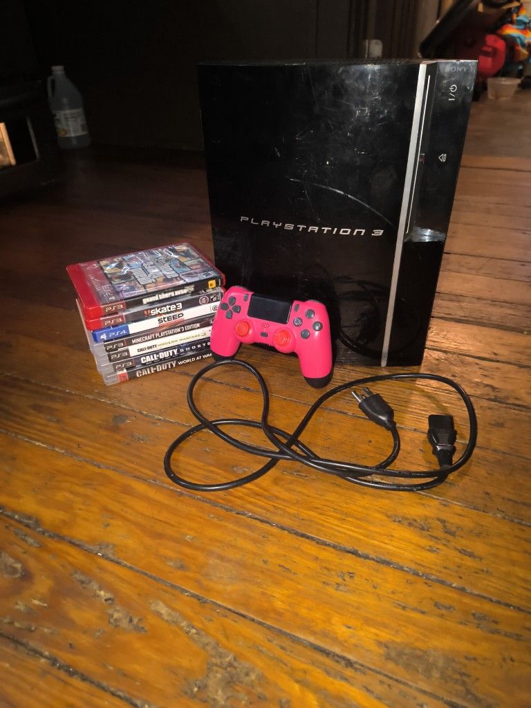 PS3 Fat Model W/ Controller & Power Cable And 8 Games W/ Case And Manuals