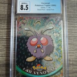 1999 Topps Pokémon Series 1, #48 Venonat "Third Print - Silver Foil" card, graded 8.5 NM/Mint+ by CGC Universal Grade. 