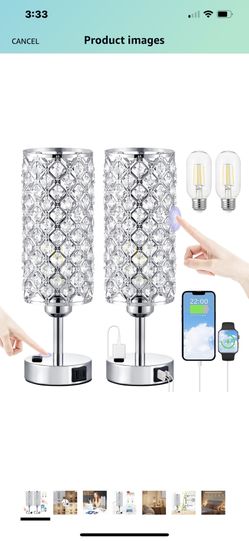 Crystal Lamp Touch Control Set of 2, Sliver Crystal Table Lamps with USB C+A Ports & AC Outlet, 3-Way Dimmable Nightstand Touch Lamp, Modern Bedside T