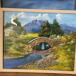 Bridge Over A River Hand Painted New With Frame 
