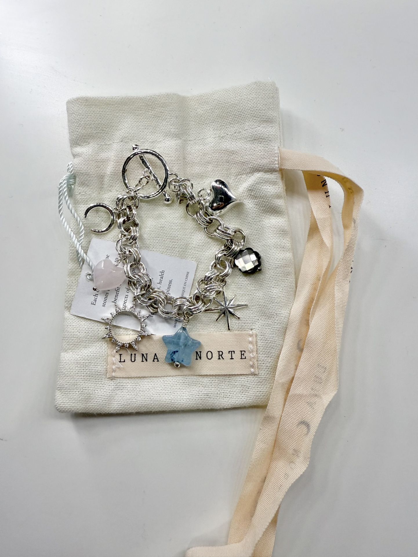 Luna Norte Silver Plated Charm Bracelet Pink White Blue Stones