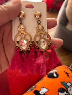 Gold Drop Earrings with Red Tassels