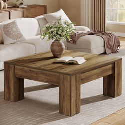 39" Square Coffee Table, Farmhouse Wood Coffee Table with Sturdy Legs