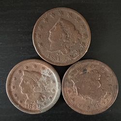 3 Coins Coronet Head Large Cents  1831, 1847, 1849