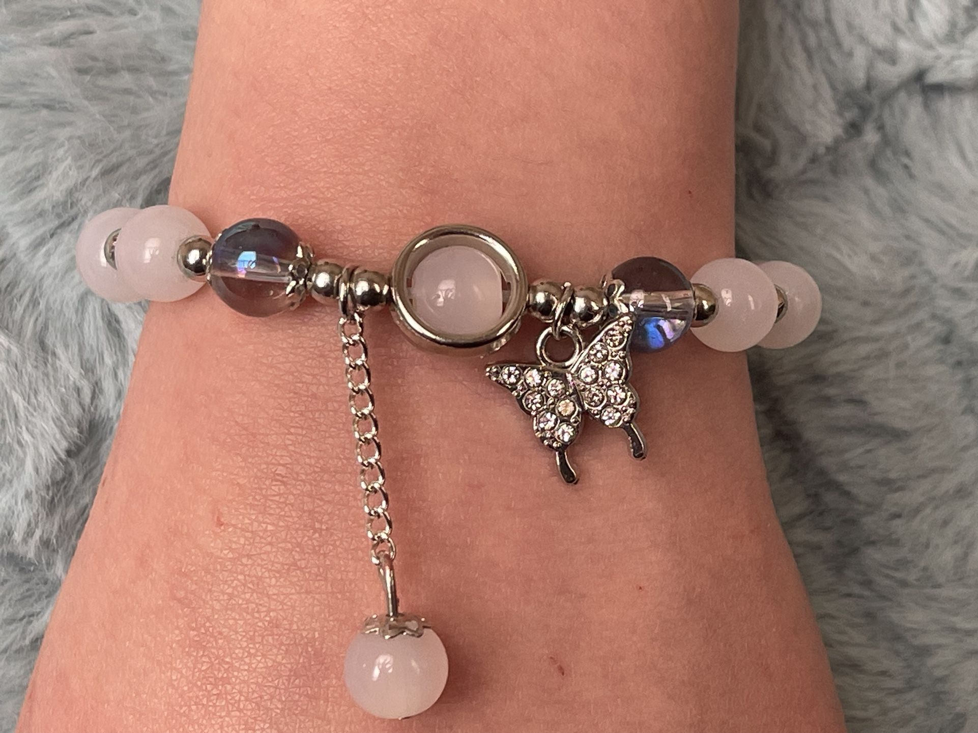 White Beaded Bracelet Butterfly,gift,jewellery, Stretchy 